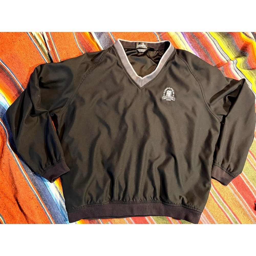 Vintage 2003 US Open V-Neck Windbreaker Jacket Men Size L Ashworth Black Golf
